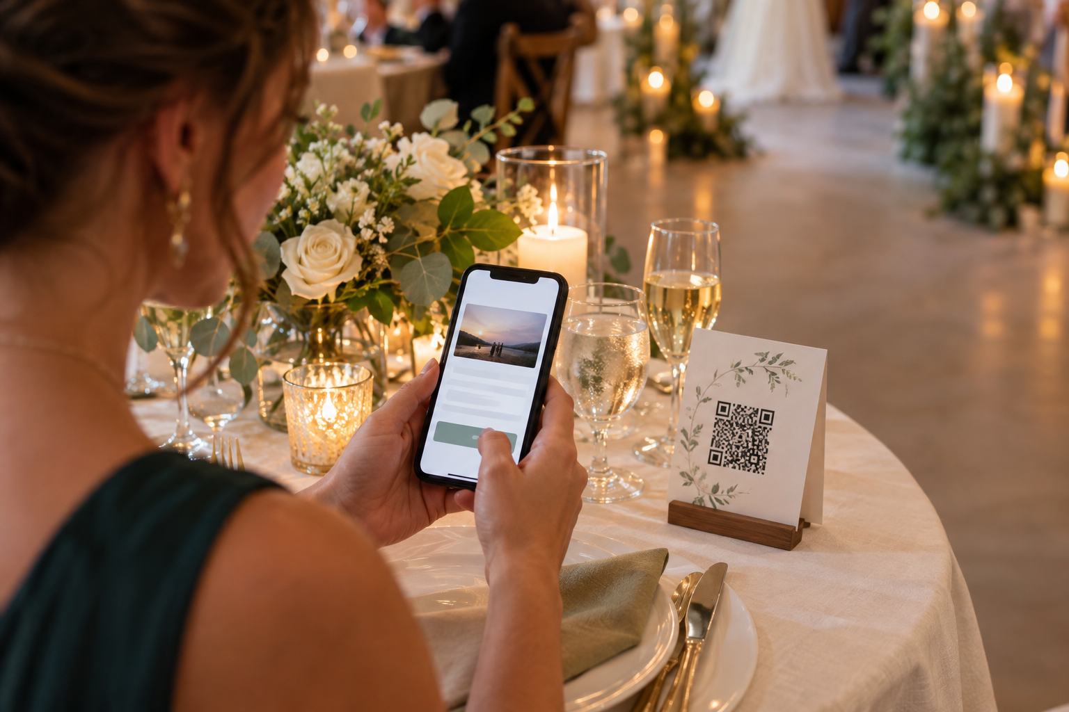Гость загружает свадебное фото по QR и добавляет короткий комментарий