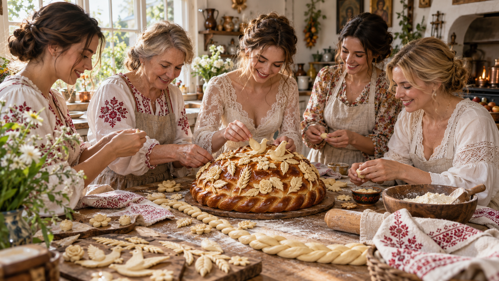 Свадебный каравай с птицами, колосьями и солью