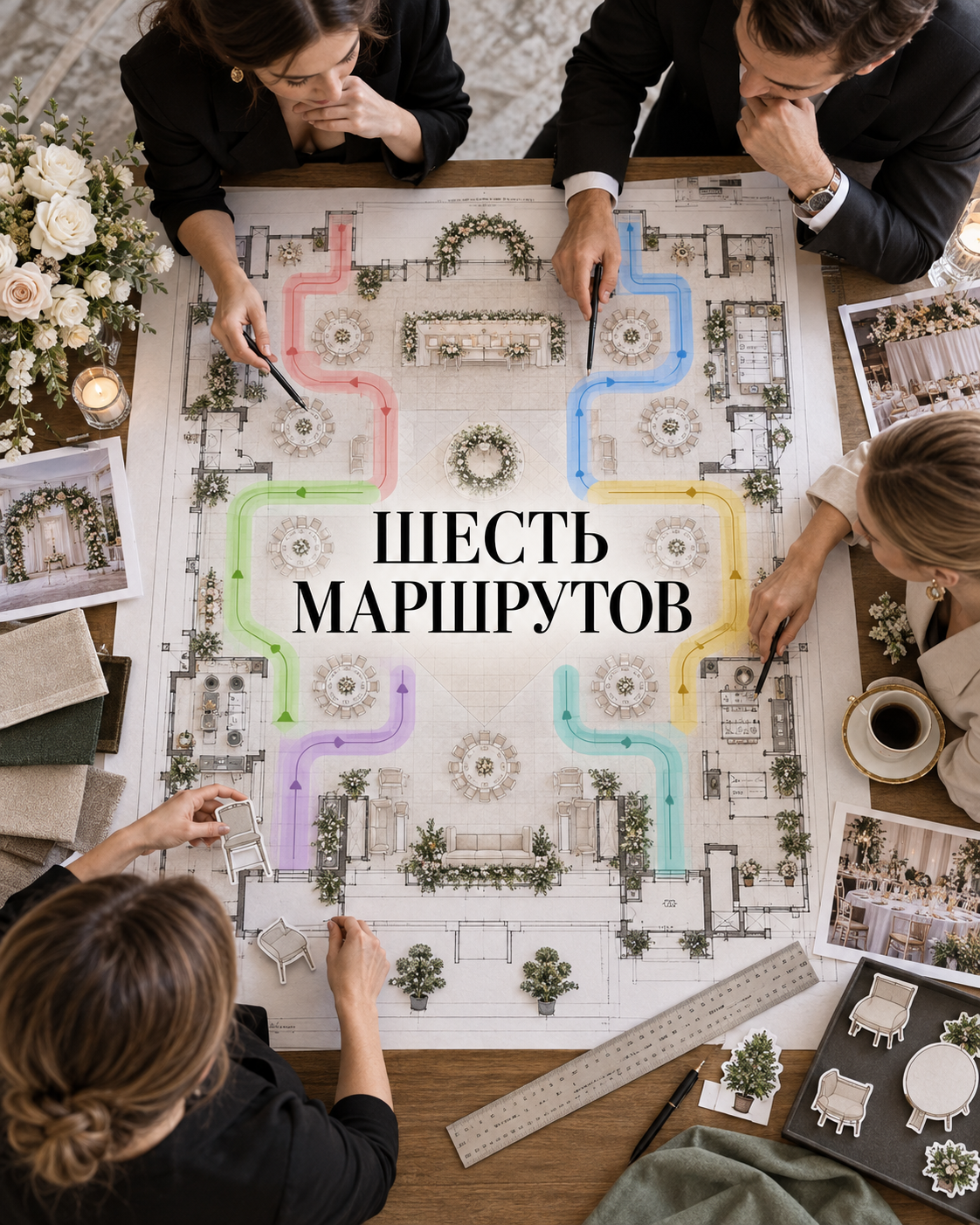 План площадки в масштабе: шесть маршрутов, которые не должны пересекаться